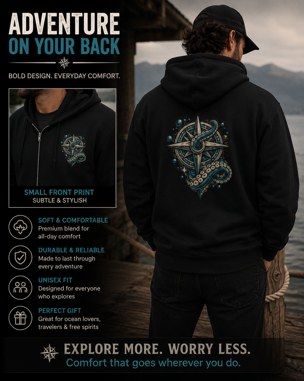 Nautical Compass & Octopus Zip Hoodie — Steampunk Sea Skull Design