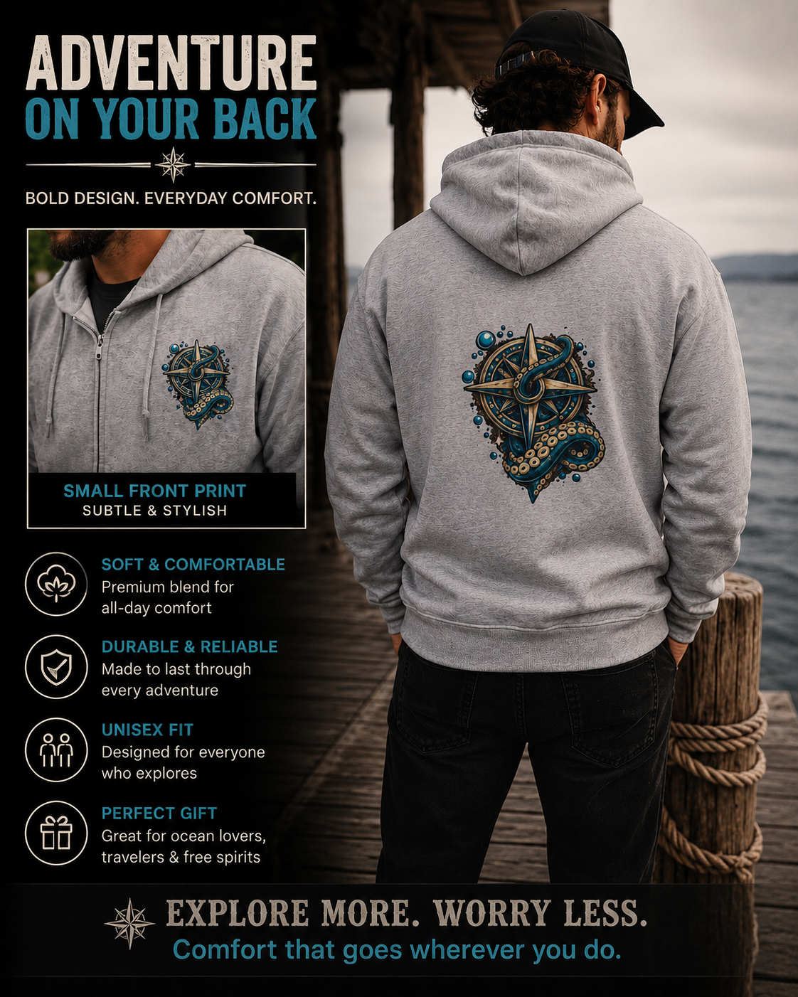 Nautical Compass & Octopus Zip Hoodie — Steampunk Sea Skull Design