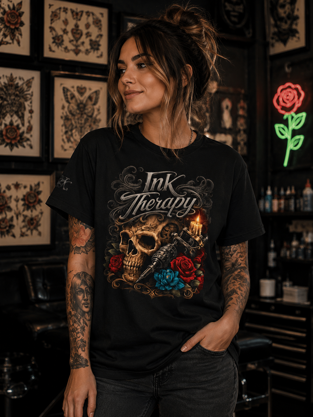 Ink Therapy Tattoo Shirt Skull Graphic Tee Gothic Streetwear Tattoo Artist Shirt Alternative Fashion Unisex Tattoo Lover T Shirt