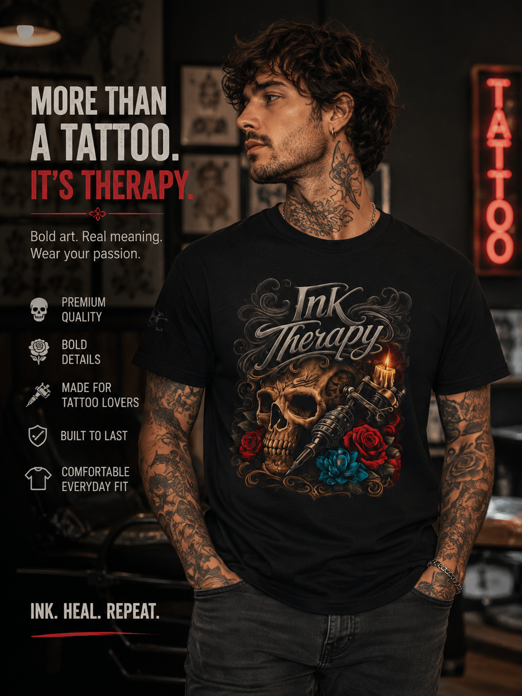 Ink Therapy Tattoo Shirt Skull Graphic Tee Gothic Streetwear Tattoo Artist Shirt Alternative Fashion Unisex Tattoo Lover T Shirt