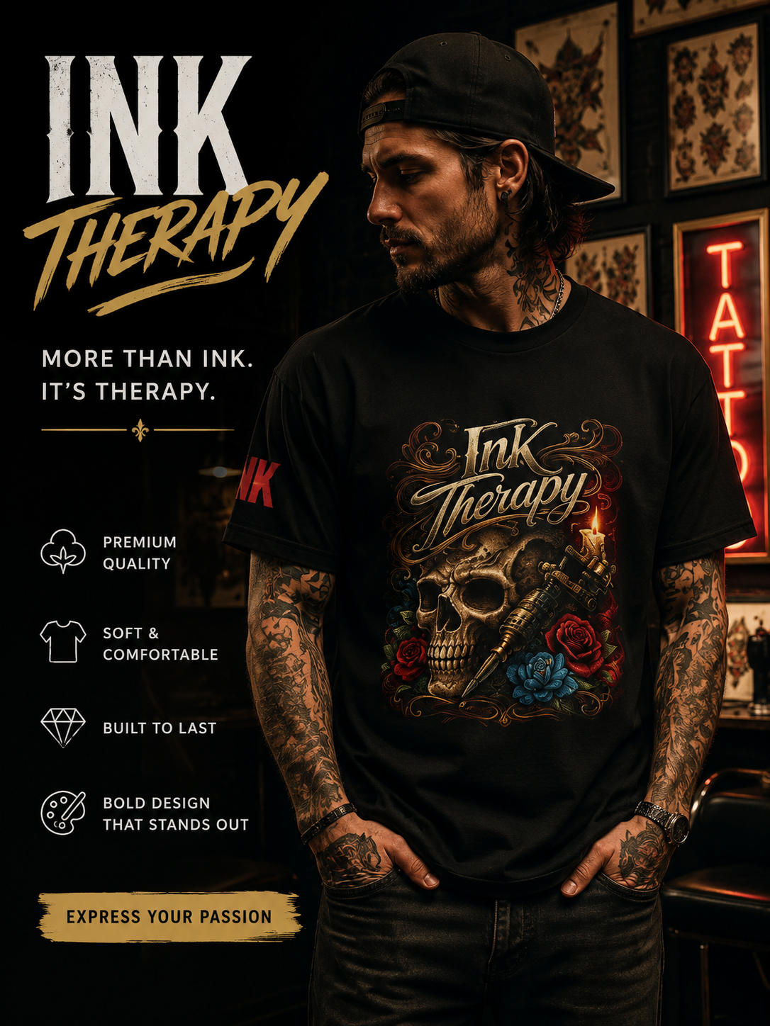 Ink Therapy Tattoo Shirt Skull Graphic Tee Gothic Streetwear Tattoo Artist Shirt Alternative Fashion Unisex Tattoo Lover T Shirt