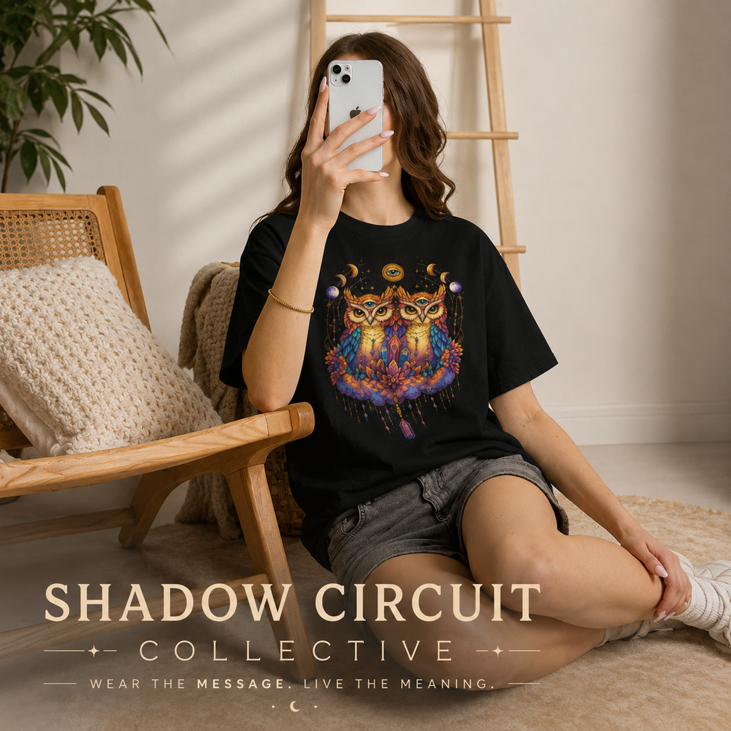 Mystical Triple Owl Illustration Tee Boho Moon Mystical Owl Shirt Boho Owl Graphic Tee Celestial Nature Shirt Spiritual Animal T Shirt