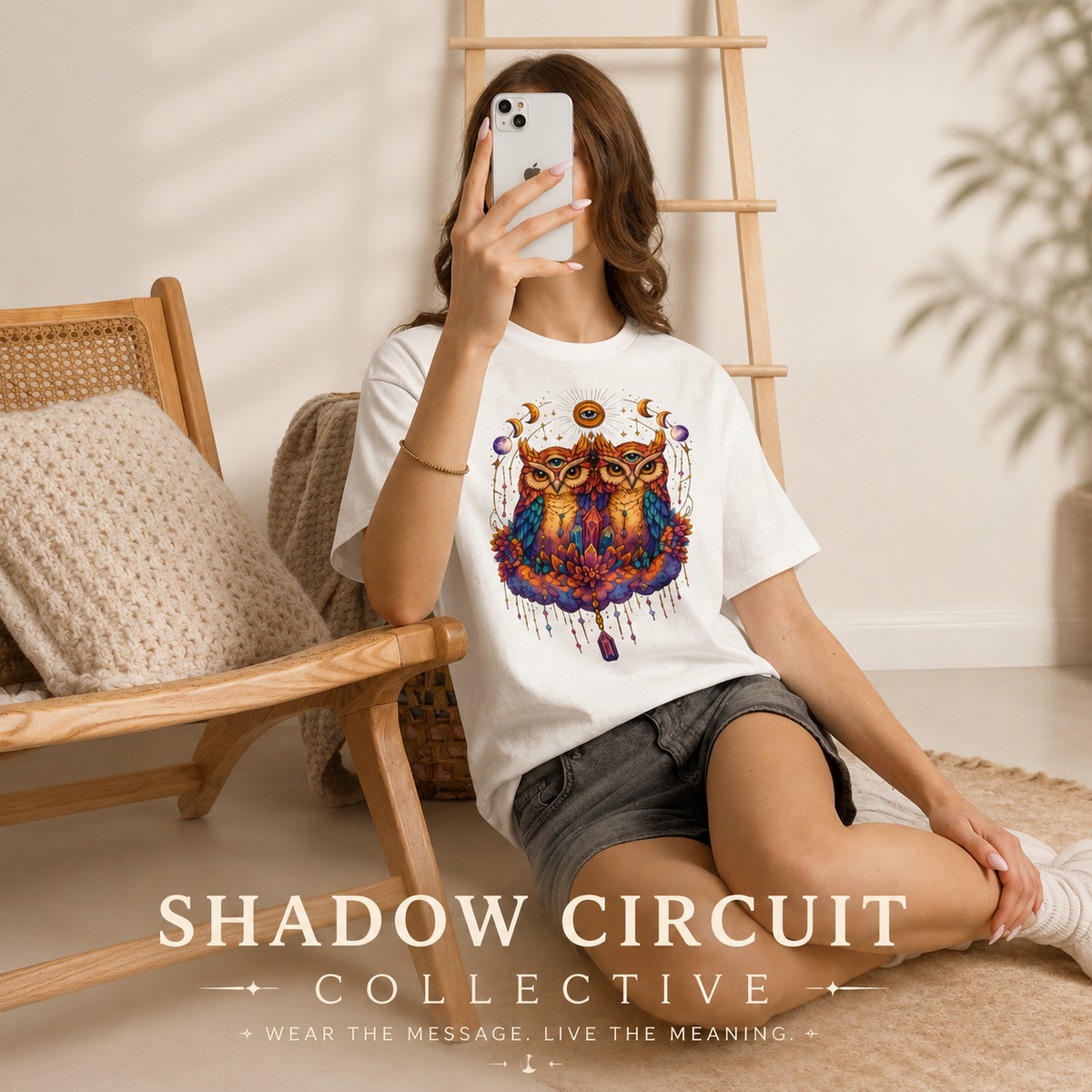 Mystical Triple Owl Illustration Tee Boho Moon Mystical Owl Shirt Boho Owl Graphic Tee Celestial Nature Shirt Spiritual Animal T Shirt
