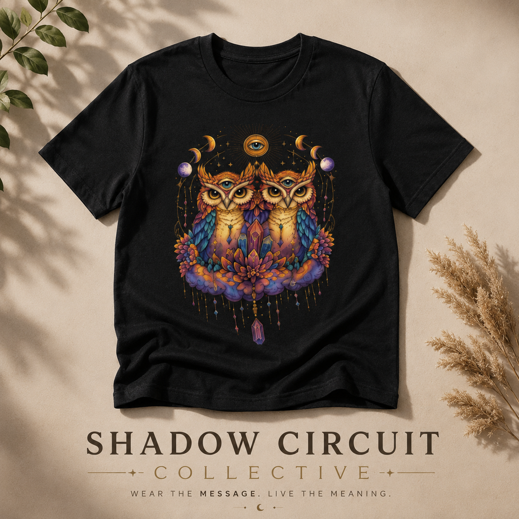 Mystical Triple Owl Illustration Tee Boho Moon Mystical Owl Shirt Boho Owl Graphic Tee Celestial Nature Shirt Spiritual Animal T Shirt