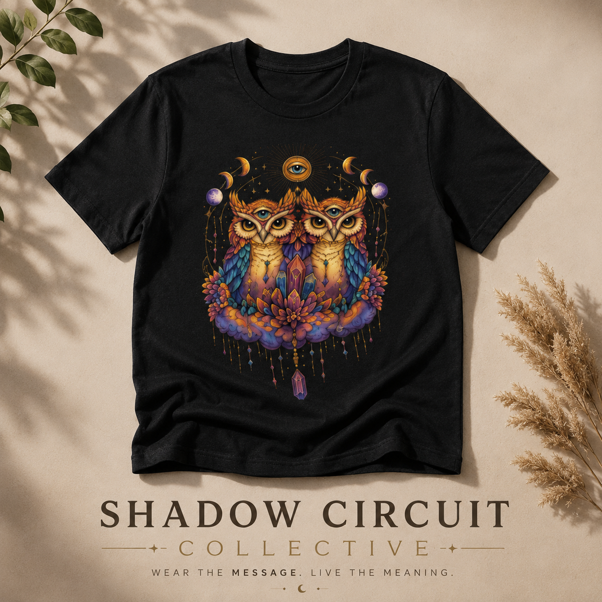 Mystical Triple Owl Illustration Tee Boho Moon Mystical Owl Shirt Boho Owl Graphic Tee Celestial Nature Shirt Spiritual Animal T Shirt