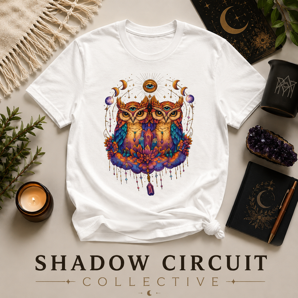 Mystical Triple Owl Illustration Tee Boho Moon Mystical Owl Shirt Boho Owl Graphic Tee Celestial Nature Shirt Spiritual Animal T Shirt