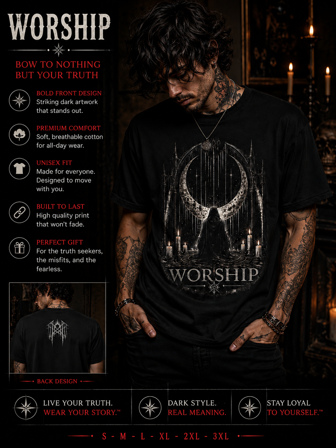 Worship Gothic T Shirt Dark Aesthetic Shirt Alternative Streetwear Moon Ritual Graphic Tee Unisex Black Metal Inspired Clothing