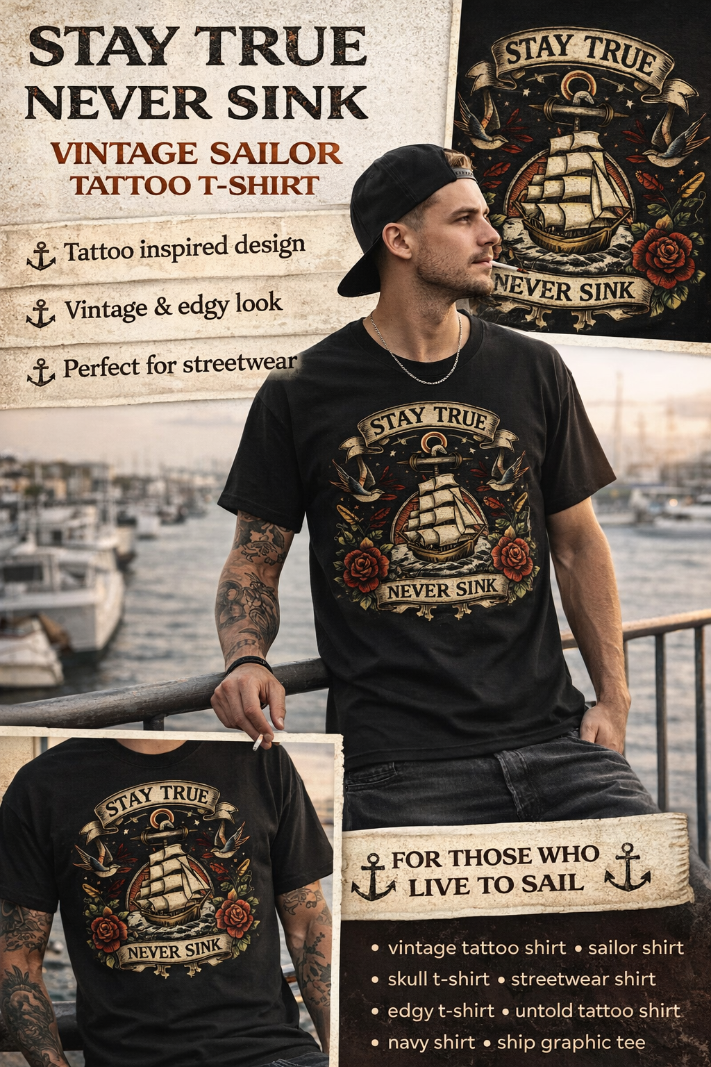 Stay True Never Sink Shirt Vintage Sailor Tattoo T Shirt Mens Streetwear Graphic Tee Nautical Shirt