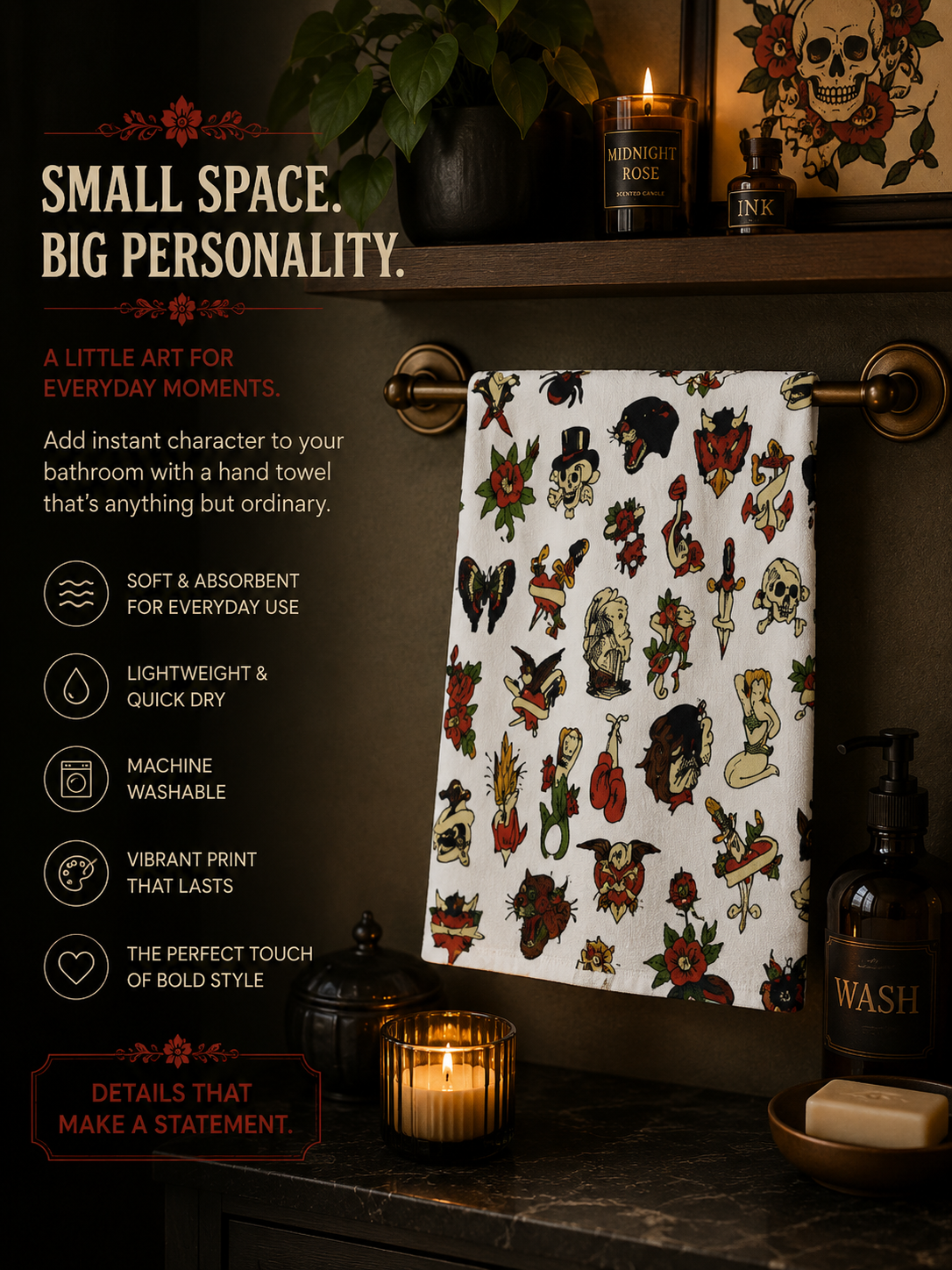 Traditional Flash Tattoo Icons Face Towel | Vintage Sailor Pinup Tattoo Flash Hand Towel Gothic Bathroom Decor  Bathroom