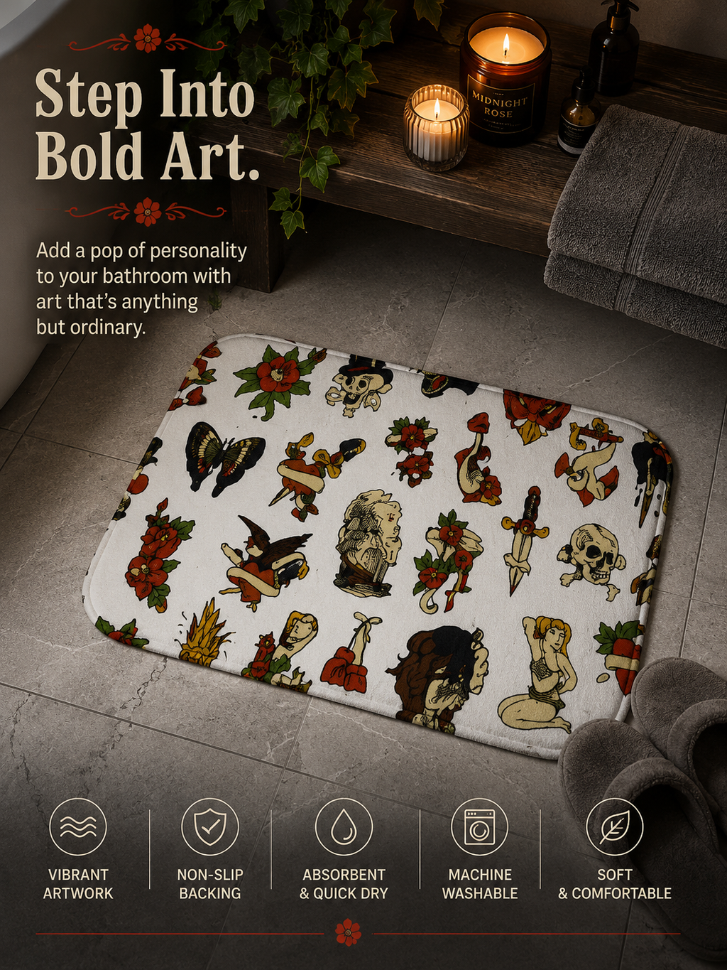 Traditional Tattoo Flash Bath Mat Retro Sailor Skull Rose Dagger Pattern