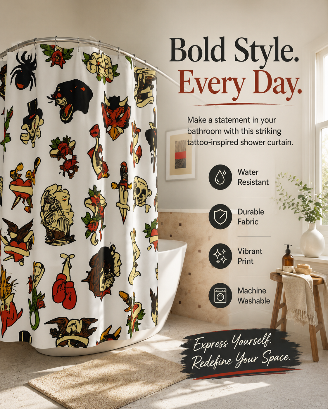 Traditional Tattoo Flash Shower Curtain Gothic Bathroom Decor Vintage Tattoo Art Bathroom Aesthetic Alternative Home Decor Punk Rock
