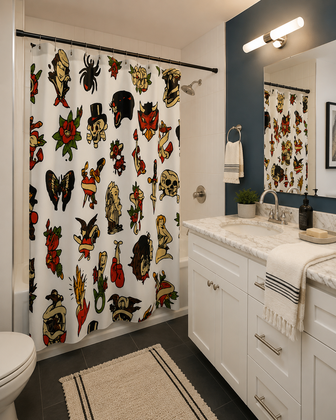 Traditional Tattoo Flash Shower Curtain Gothic Bathroom Decor Vintage Tattoo Art Bathroom Aesthetic Alternative Home Decor Punk Rock