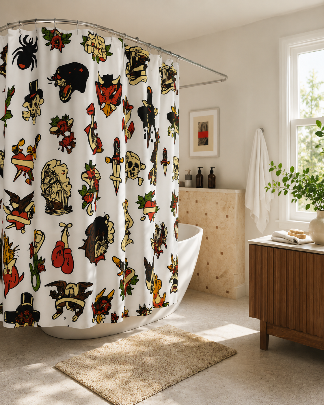 Traditional Tattoo Flash Shower Curtain Gothic Bathroom Decor Vintage Tattoo Art Bathroom Aesthetic Alternative Home Decor Punk Rock