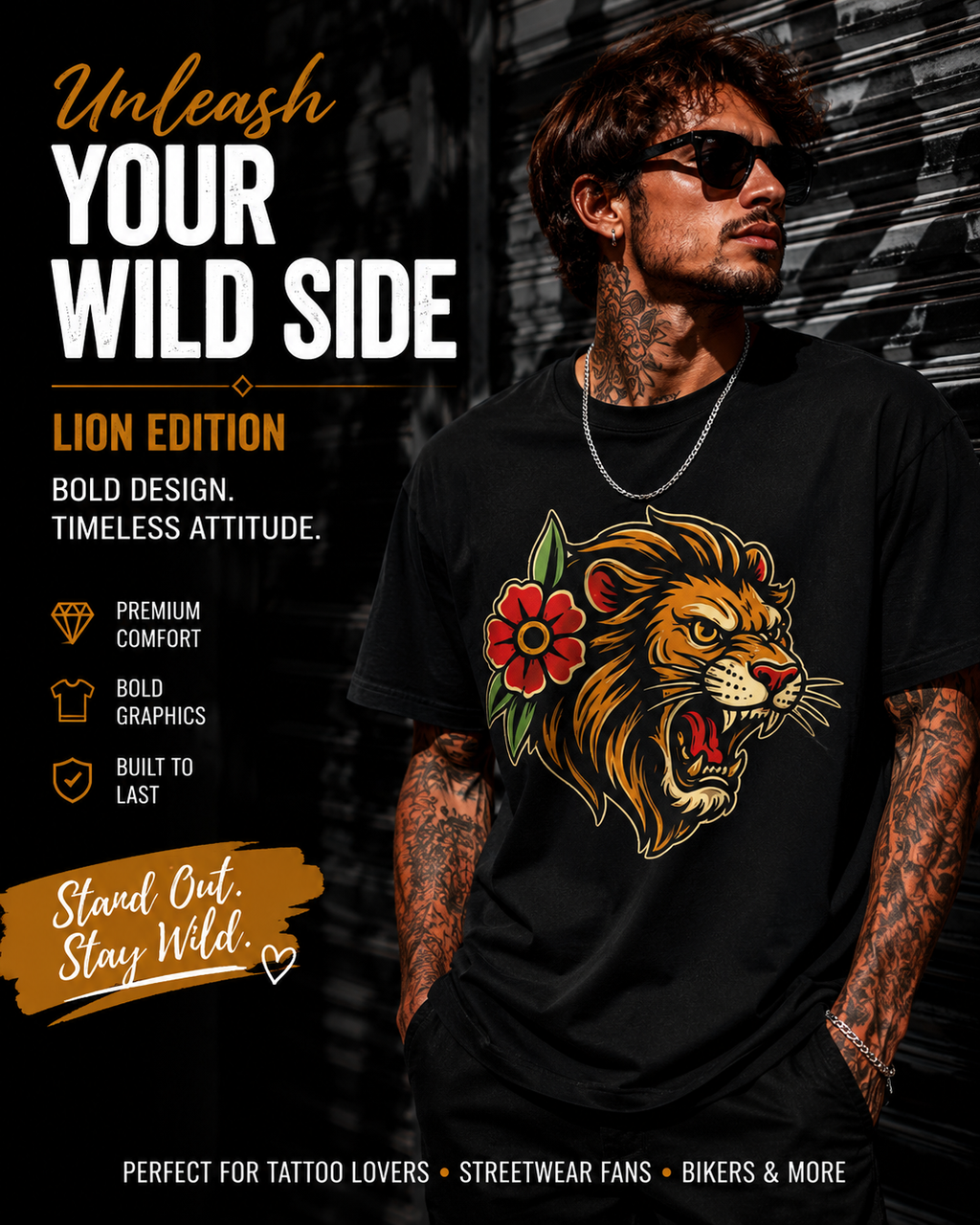 Lion Graphic T Shirt Tattoo Inspired Lion Tee Streetwear Shirt Lion Head Graphic Tee Alternative Fashion Unisex Biker Shirt
