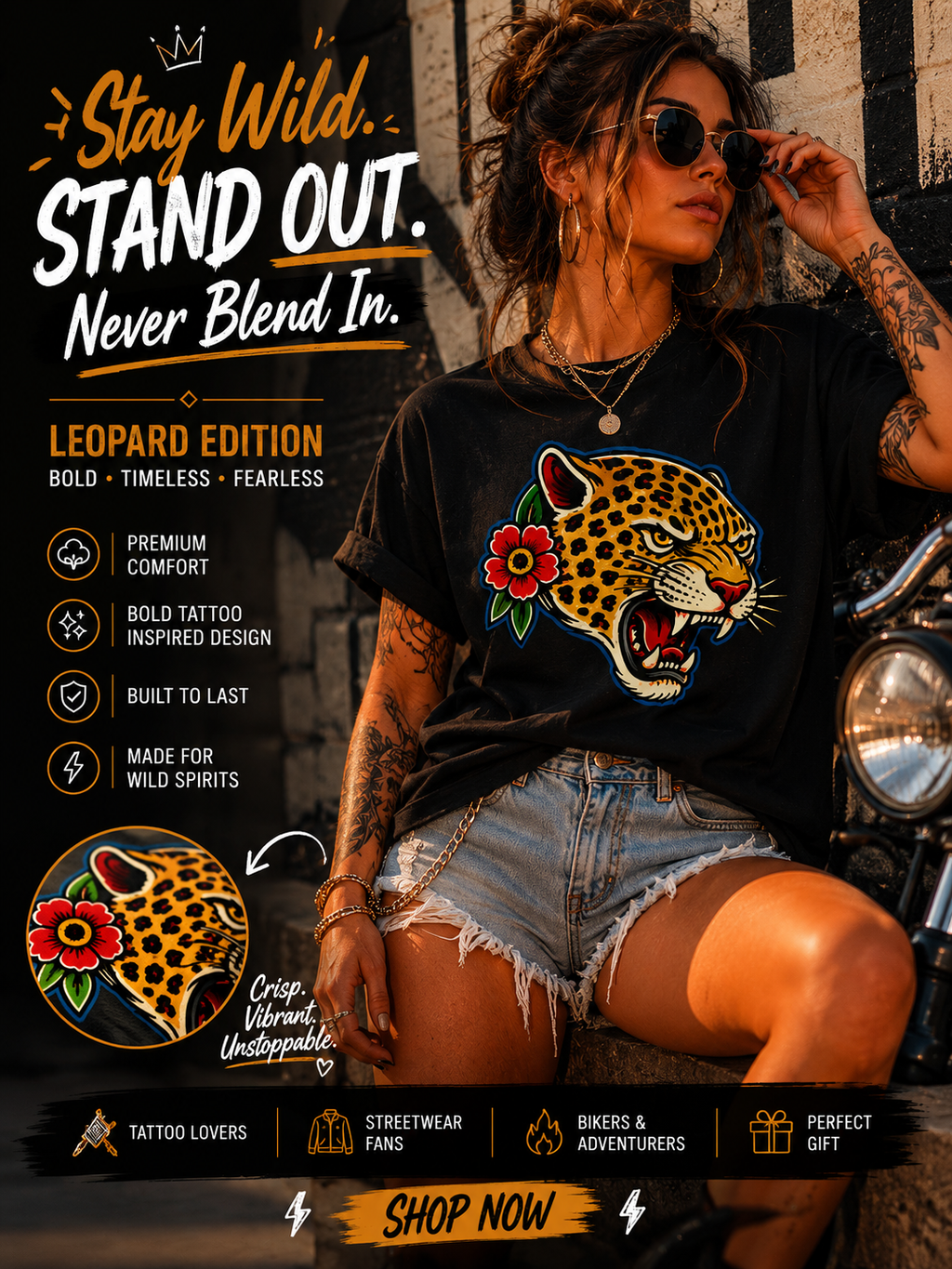 Leopard Graphic Tee Tattoo Inspired Shirt Streetwear T Shirt Alternative Fashion Leopard Shirt Biker Style Unisex Graphic Tee