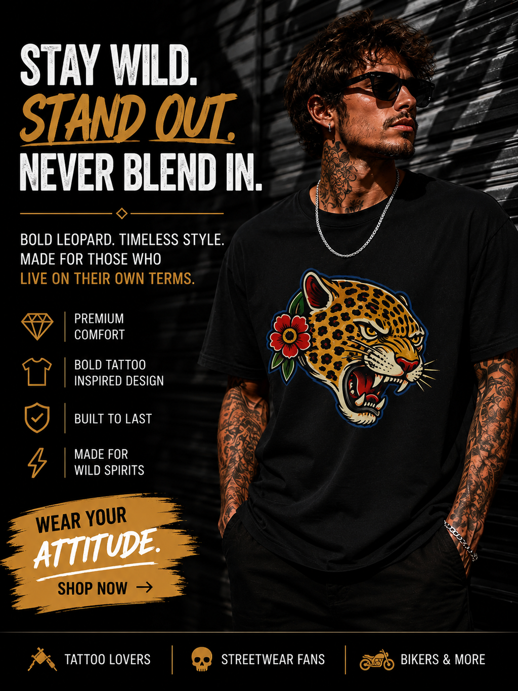 Leopard Graphic Tee Tattoo Inspired Shirt Streetwear T Shirt Alternative Fashion Leopard Shirt Biker Style Unisex Graphic Tee