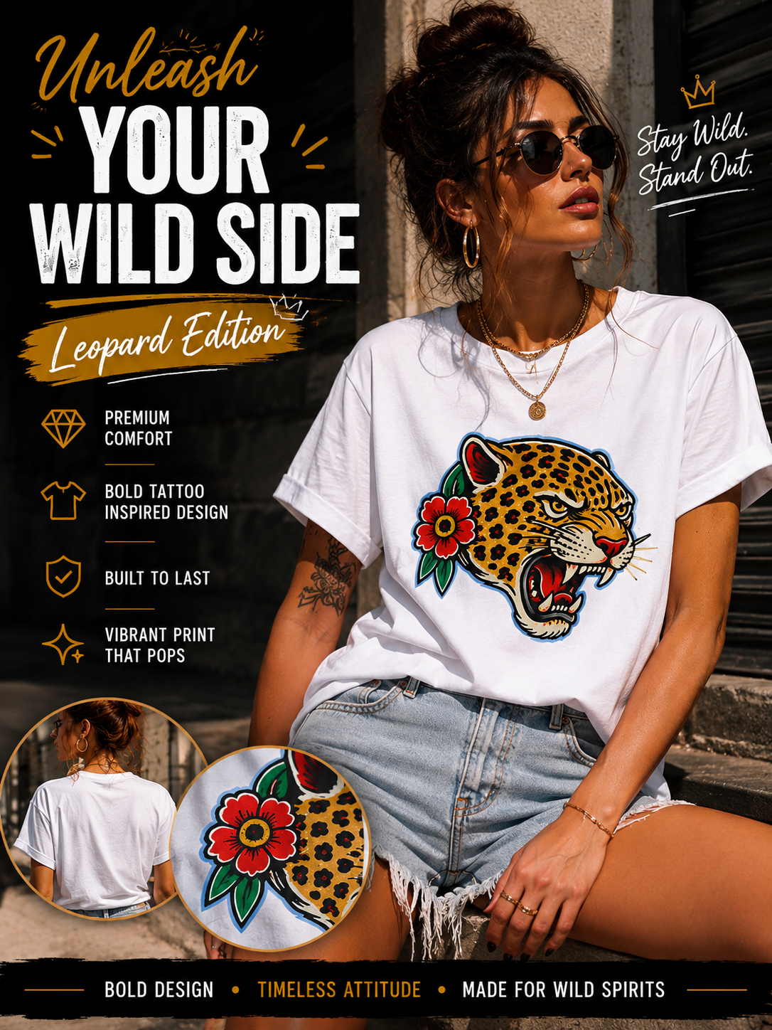 Leopard Graphic Tee Tattoo Inspired Shirt Streetwear T Shirt Alternative Fashion Leopard Shirt Biker Style Unisex Graphic Tee