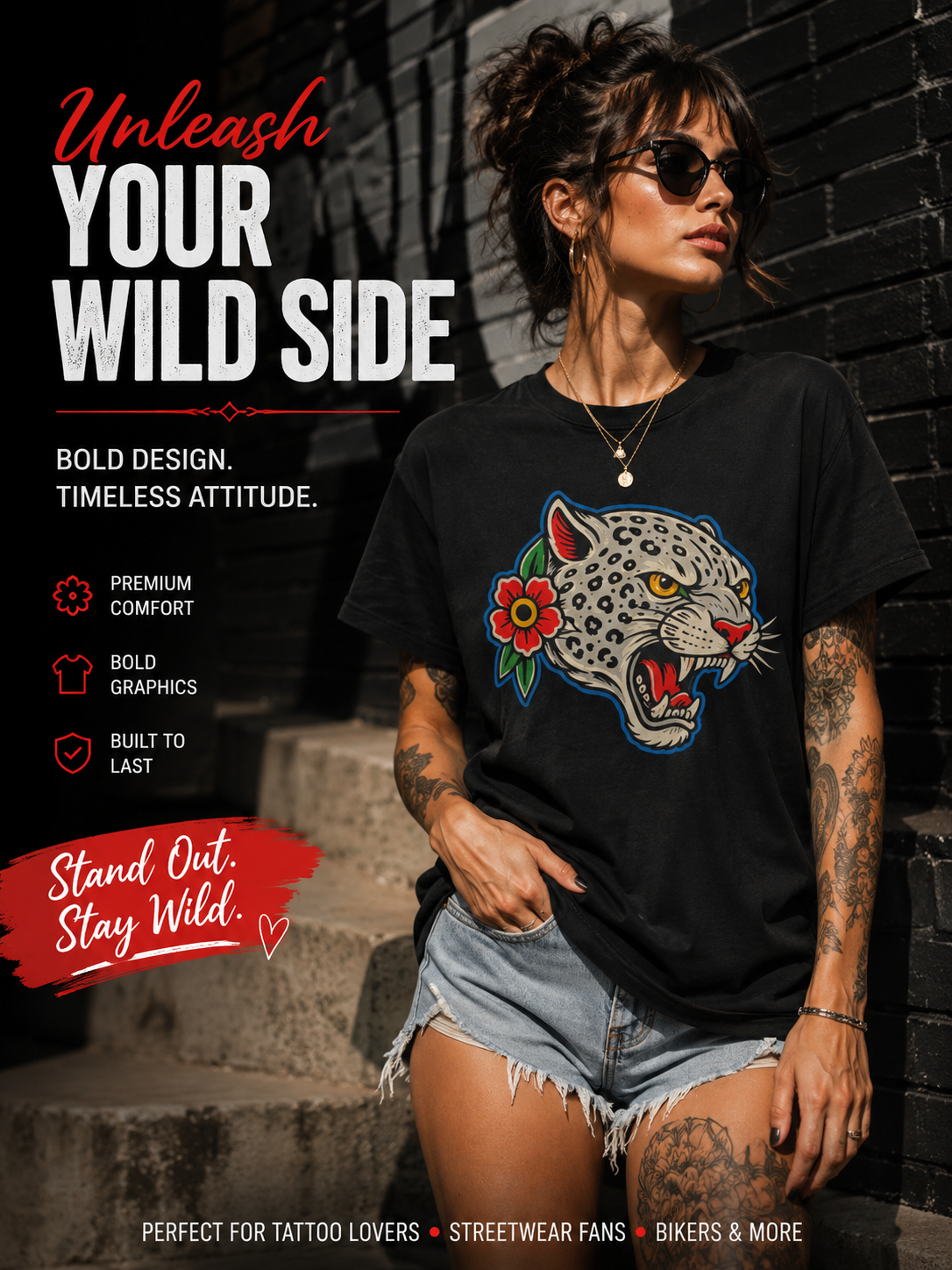 Snow Leopard Edition Shirt Tattoo Inspired Graphic Tee Leopard Streetwear Shirt Alternative Fashion Biker Tee Unisex Wild Cat Shirt