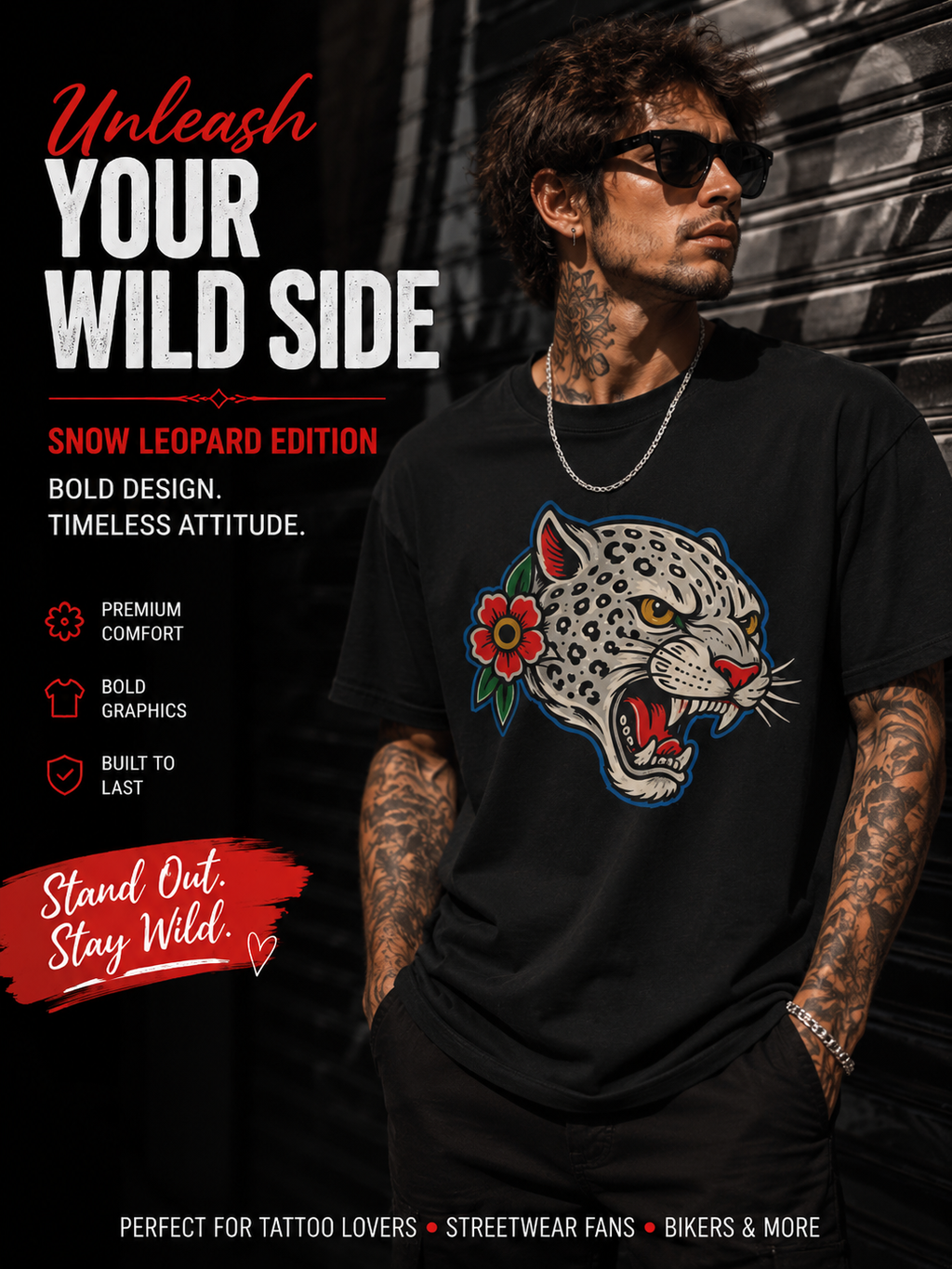 Snow Leopard Edition Shirt Tattoo Inspired Graphic Tee Leopard Streetwear Shirt Alternative Fashion Biker Tee Unisex Wild Cat Shirt