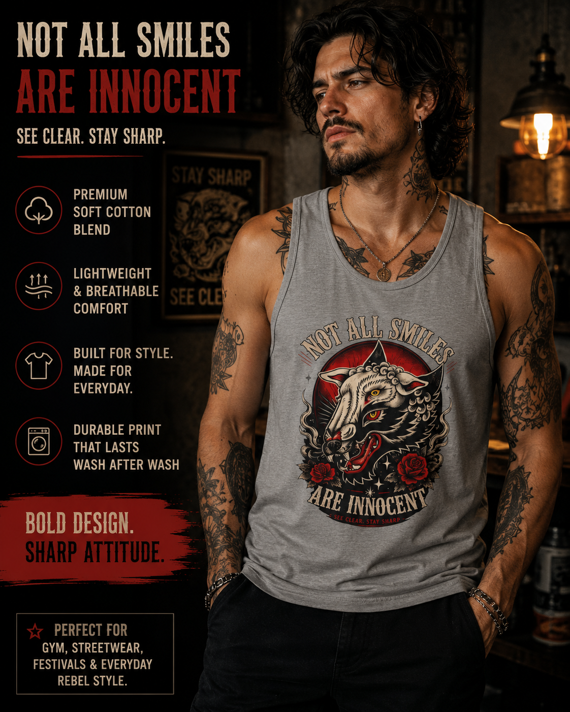 Not All Smiles Are Innocent Tank Top Gothic Wolf Shirt Alternative Streetwear Tattoo Style Muscle Tank Dark Aesthetic Gym Shirt