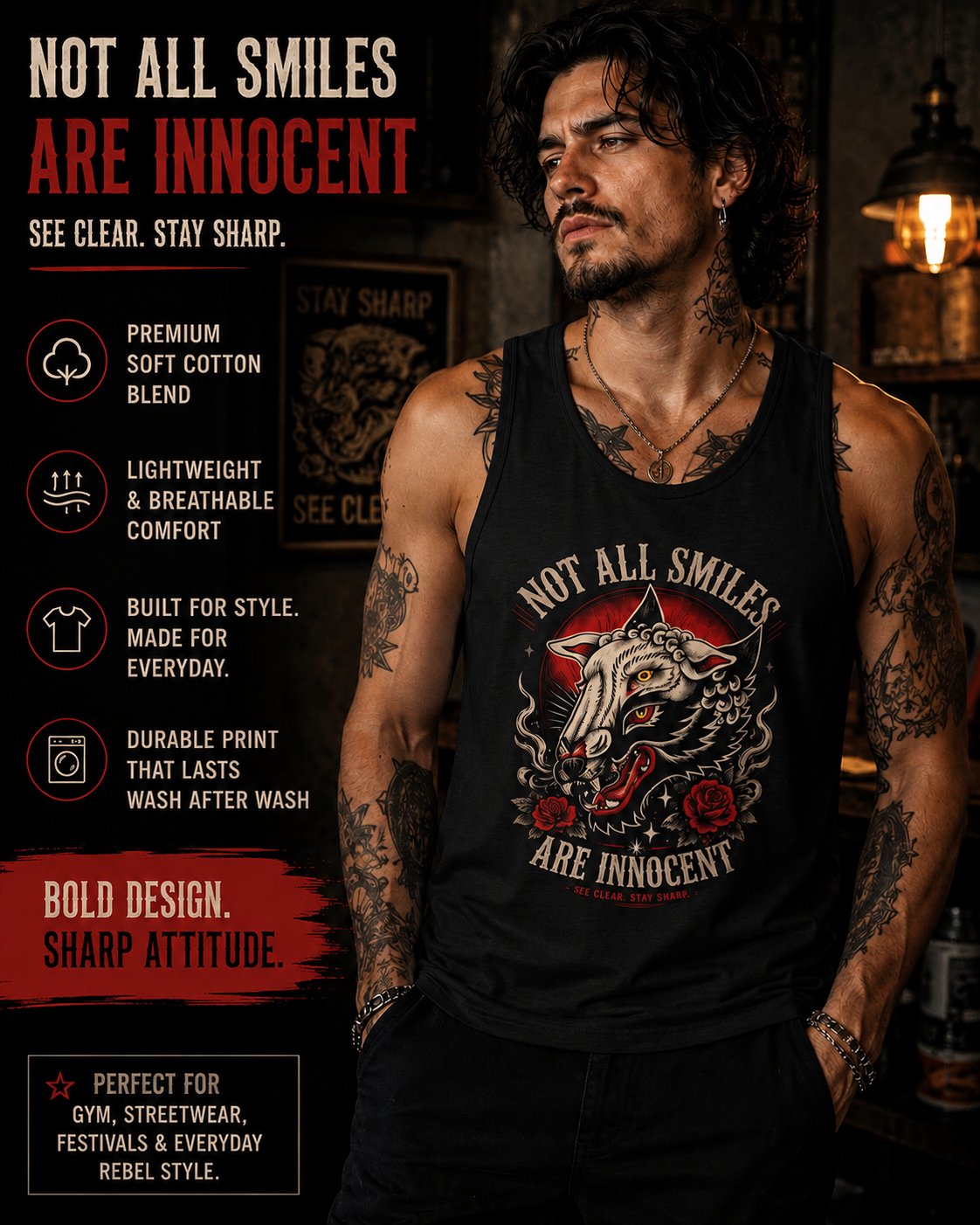 Not All Smiles Are Innocent Tank Top Gothic Wolf Shirt Alternative Streetwear Tattoo Style Muscle Tank Dark Aesthetic Gym Shirt