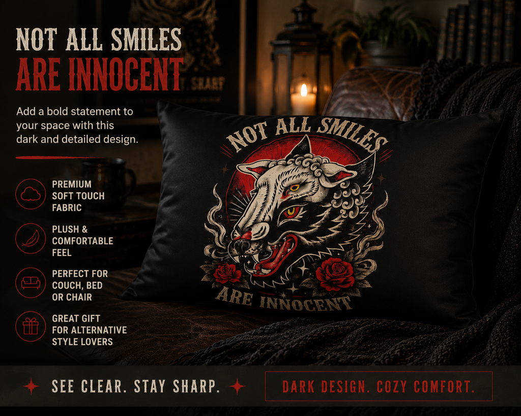 Not All Smiles Are Innocent Pillow Sham Gothic Bedding Dark Aesthetic Pillow Cover Tattoo Style Wolf Decor Alternative Bedroom Decor