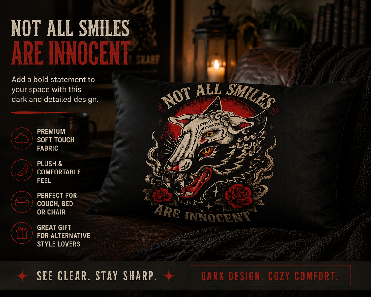 Not All Smiles Are Innocent Pillow Sham Gothic Bedding Dark Aesthetic Pillow Cover Tattoo Style Wolf Decor Alternative Bedroom Decor