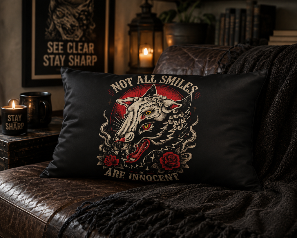 Not All Smiles Are Innocent Pillow Sham Gothic Bedding Dark Aesthetic Pillow Cover Tattoo Style Wolf Decor Alternative Bedroom Decor