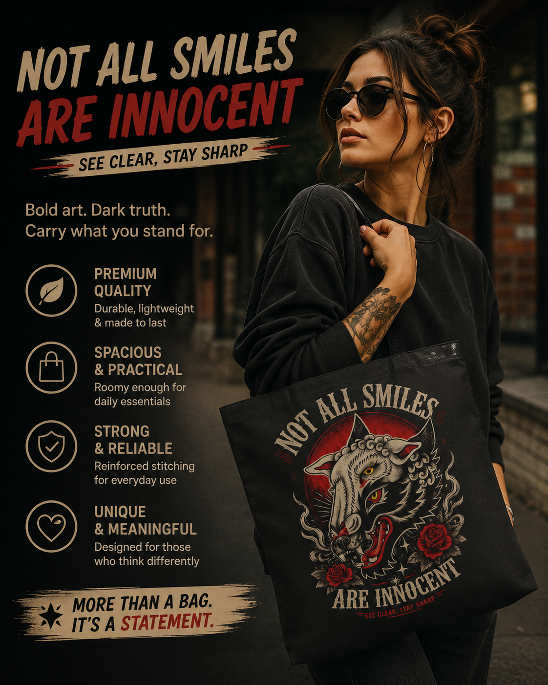 Not All Smiles Are Innocent Tote Bag – Gothic Wolf Skull Design