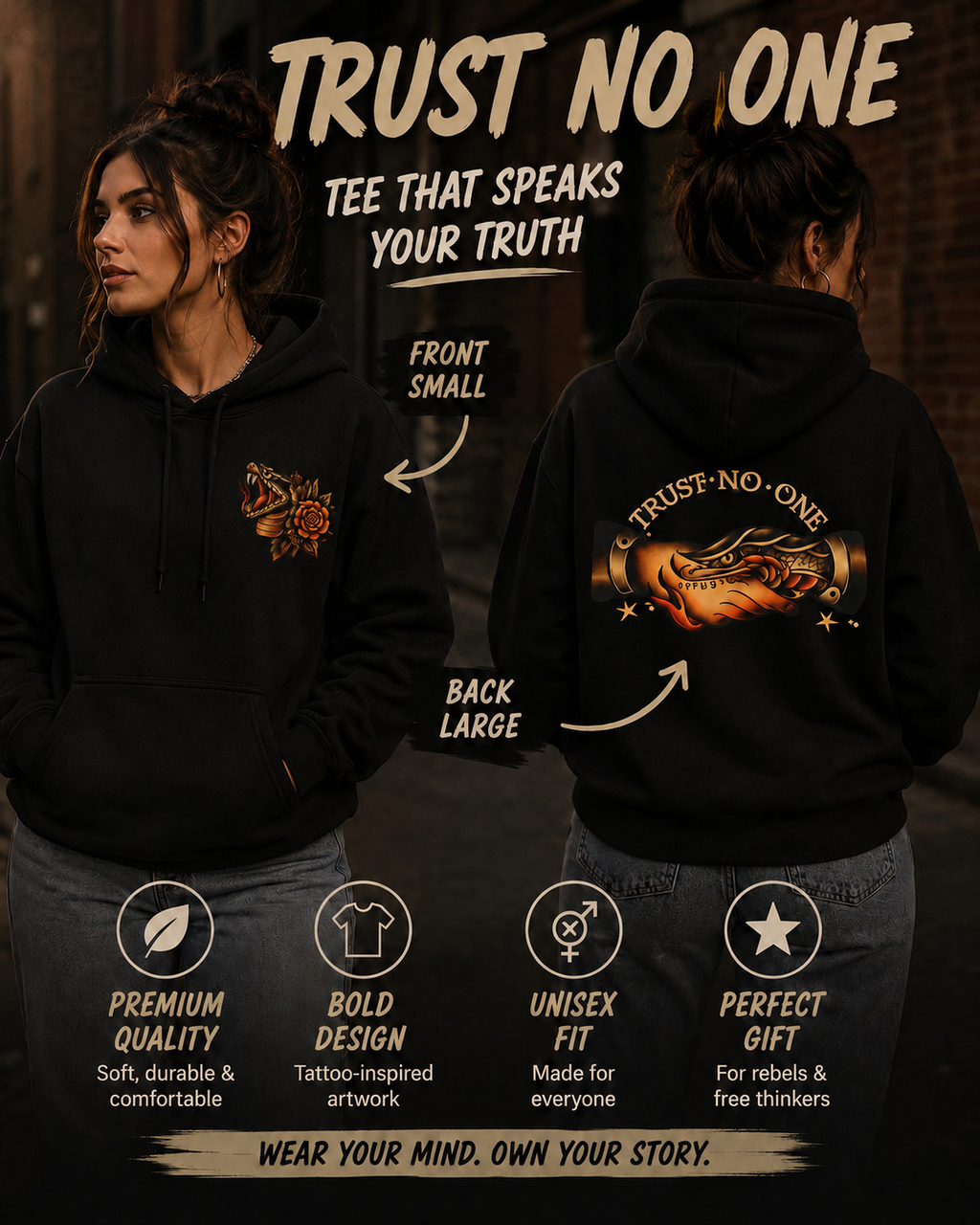 Trust No One Hoodie Tattoo Style Snake Rose Graphic Hoodie Alternative Streetwear Pullover Goth Punk Unisex Sweatshirt