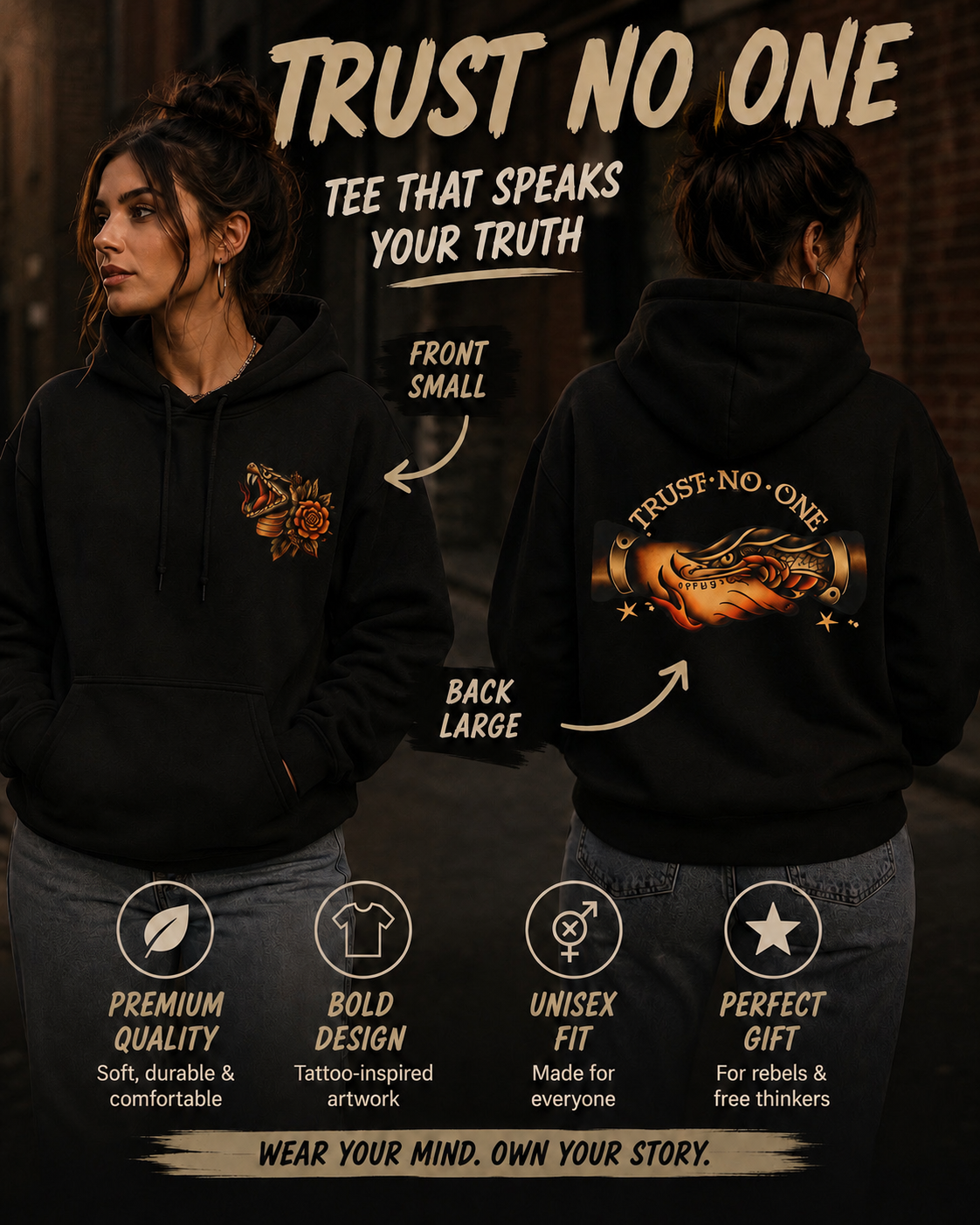 Trust No One Hoodie Tattoo Style Snake Rose Graphic Hoodie Alternative Streetwear Pullover Goth Punk Unisex Sweatshirt