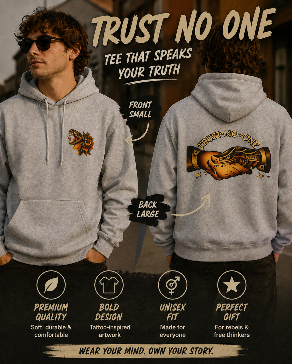 Trust No One Hoodie Tattoo Style Snake Rose Graphic Hoodie Alternative Streetwear Pullover Goth Punk Unisex Sweatshirt