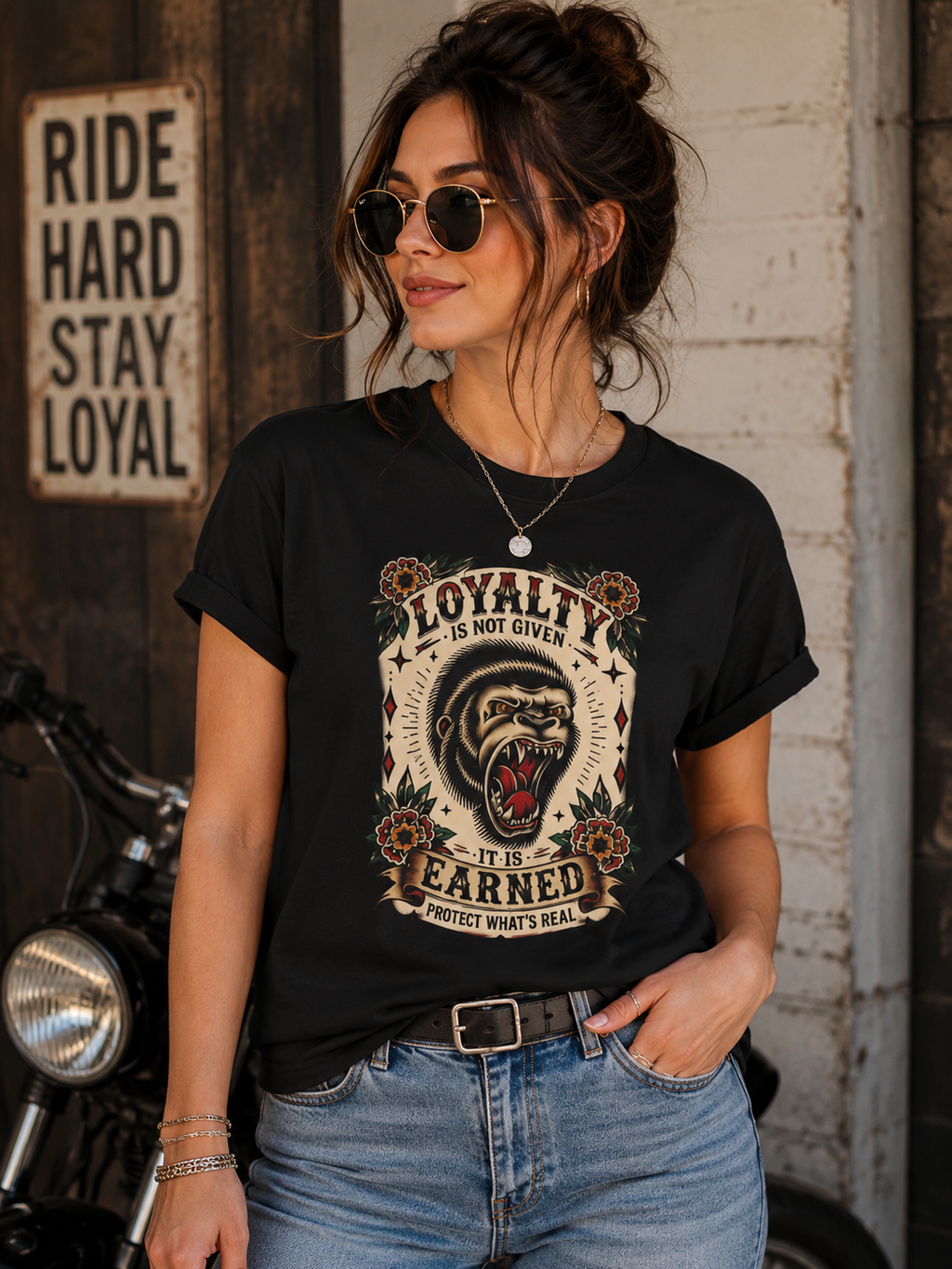 Loyalty Is Earned Gorilla Graphic T Shirt Vintage Tattoo Style Biker Streetwear Tee