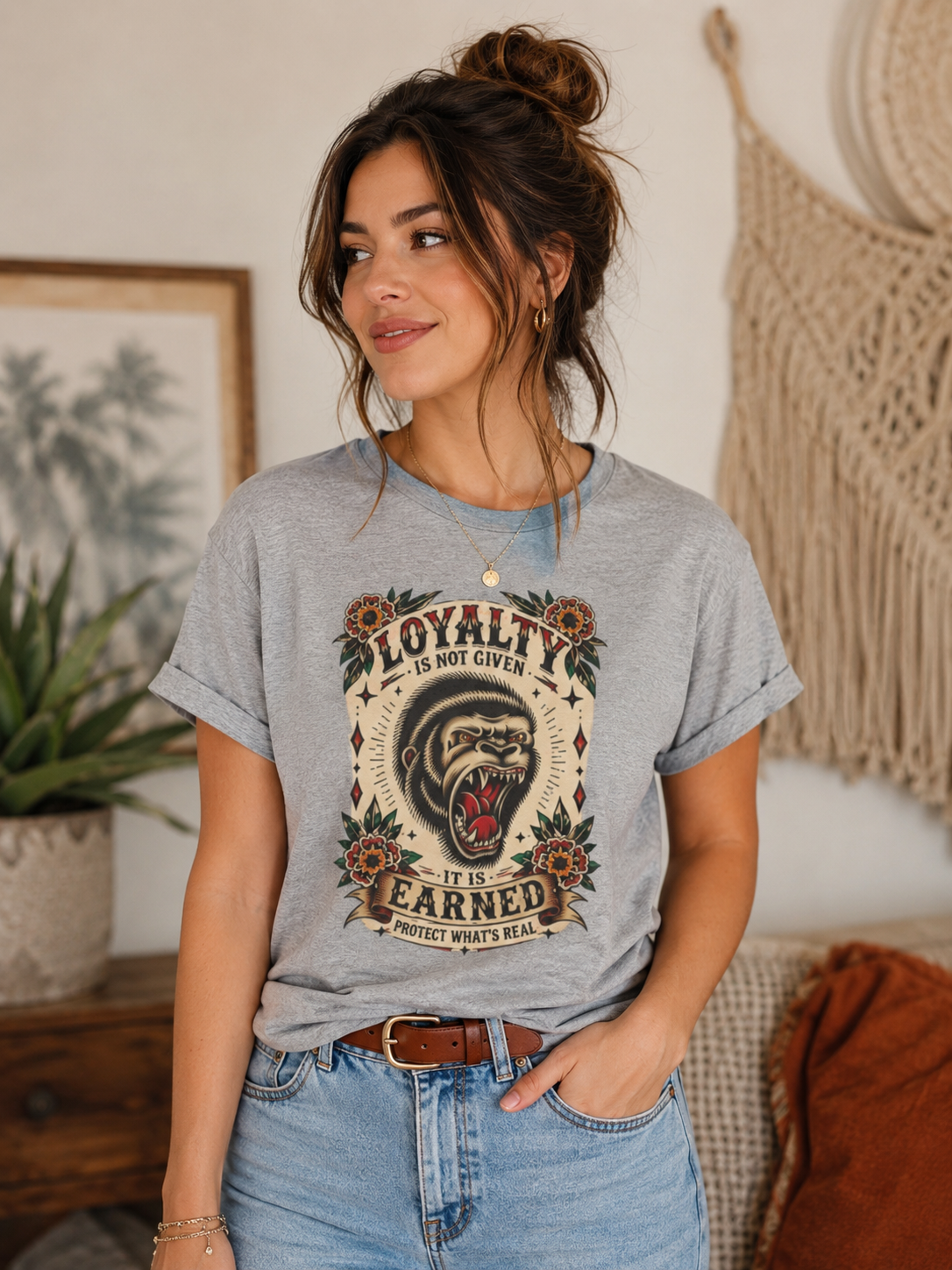 Loyalty Is Earned Gorilla Graphic T Shirt Vintage Tattoo Style Biker Streetwear Tee