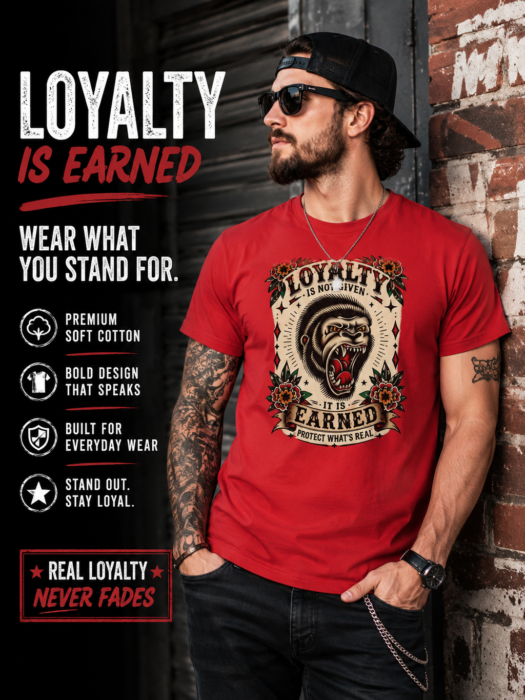 Loyalty Is Earned Gorilla Graphic T Shirt Vintage Tattoo Style Biker Streetwear Tee