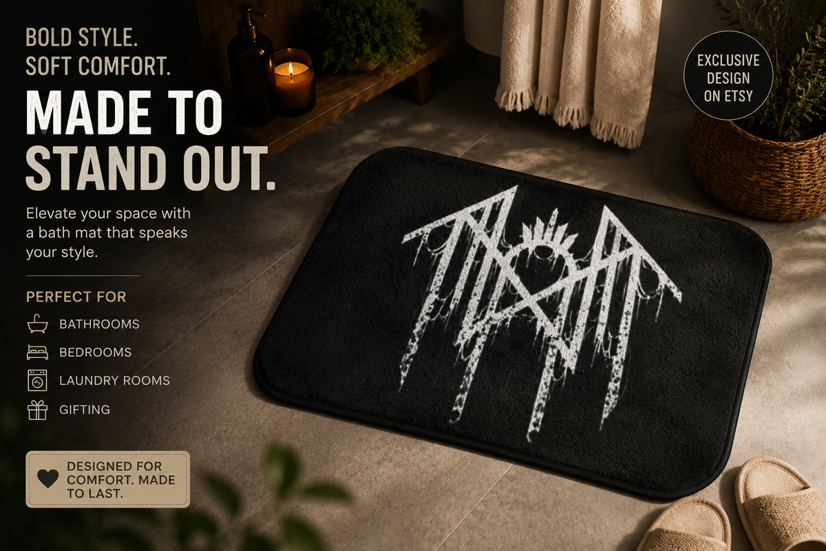 Black Metal Logo Bath Mat — Distressed Nordic Rune Design