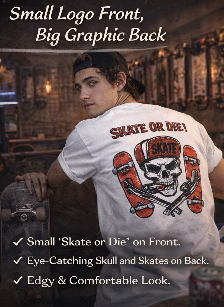 Skate Or Die Shirt Small Logo Front Skateboard Tee Skull Graphic Shirt Skater Streetwear Gift For Skaters Unisex Cotton Tee
