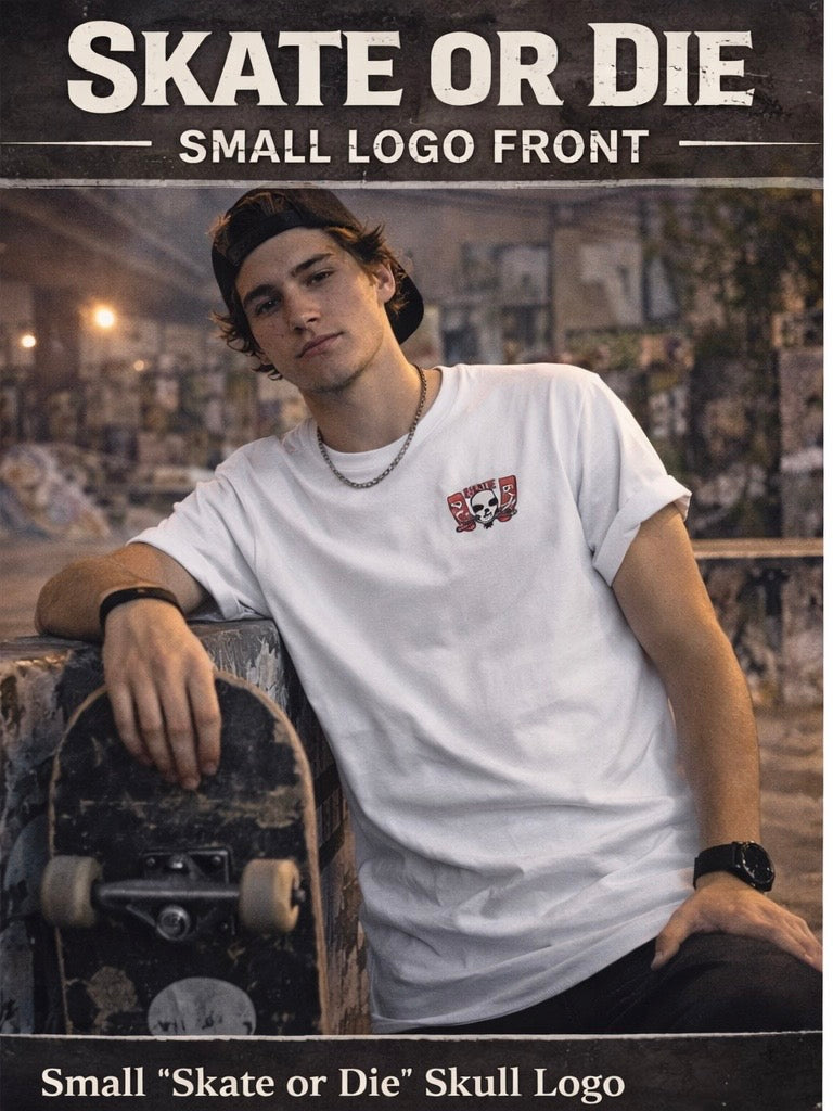 Skate Or Die Shirt Small Logo Front Skateboard Tee Skull Graphic Shirt Skater Streetwear Gift For Skaters Unisex Cotton Tee