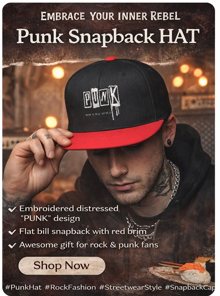 Punk Snapback Hat Embroidered Flat Bill Cap Streetwear Hat Rock Music Hat Skater Cap Distressed Punk Hat Unisex Snapback