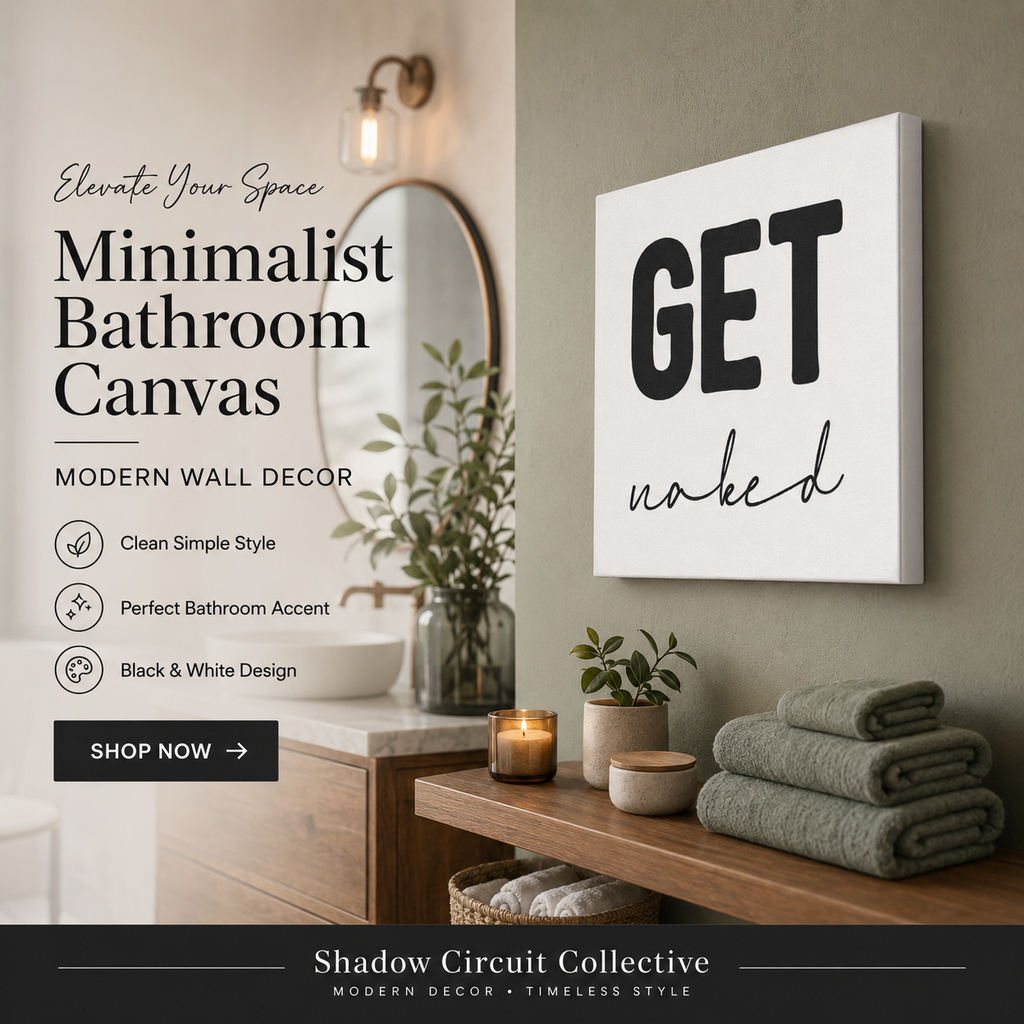Canvas Wall Art — “GET naked” Minimalist Black & White Bathroom Sign