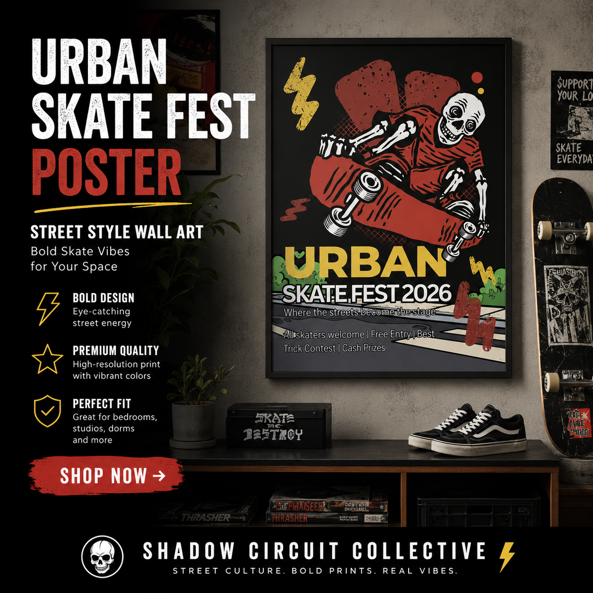 Urban Skate Fest 2026 Poster Skeleton Skateboard Art Print, Street Style Wall Decor