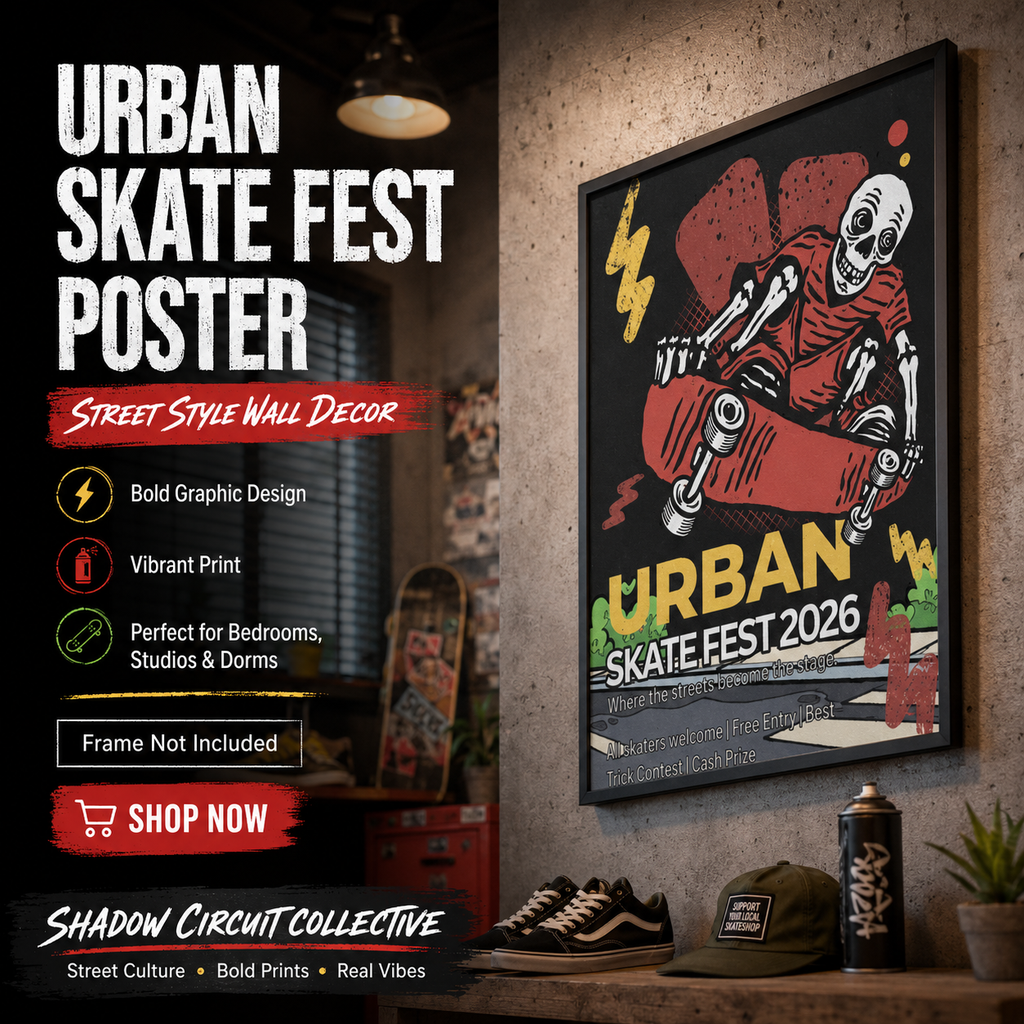 Urban Skate Fest 2026 Poster Skeleton Skateboard Art Print, Street Style Wall Decor