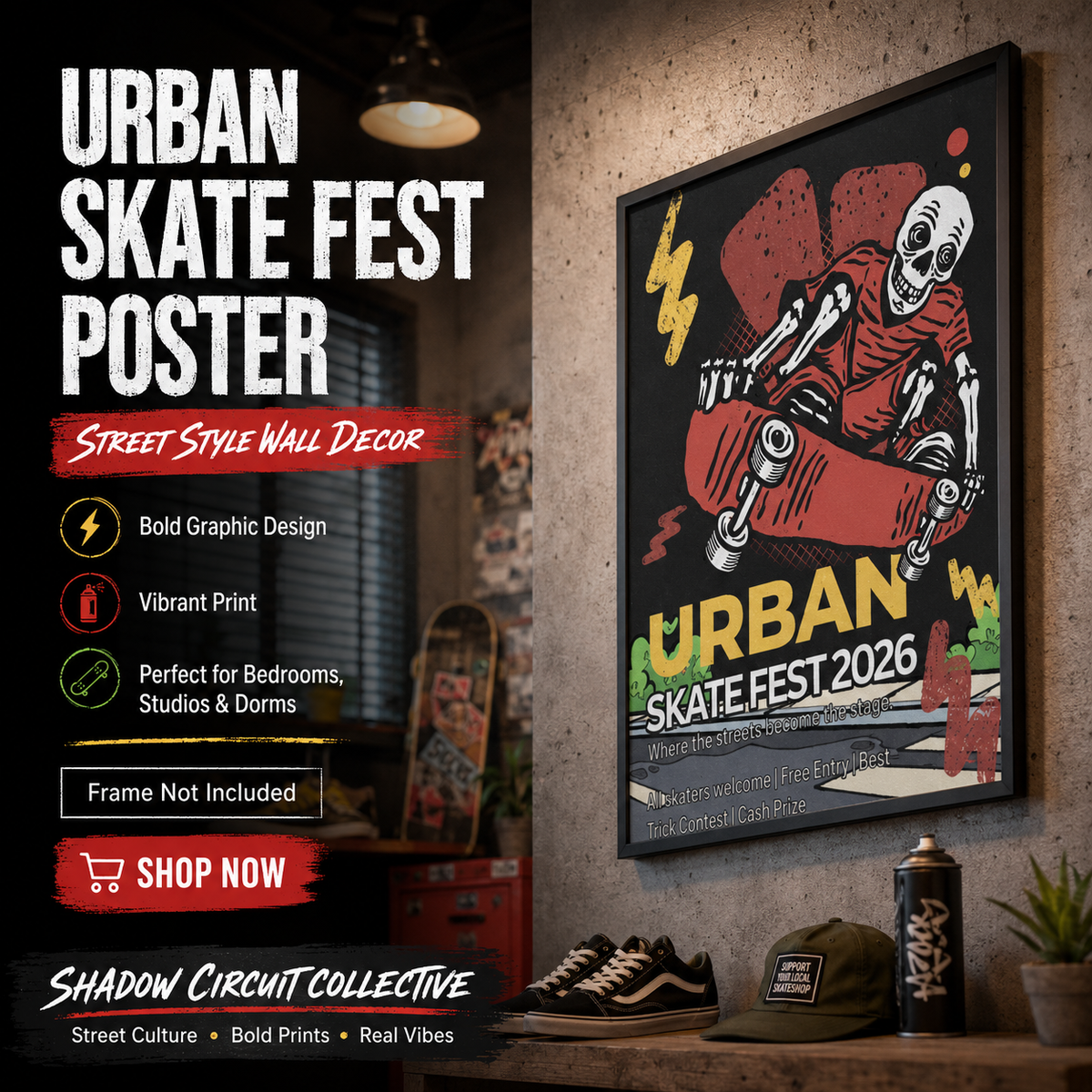 Urban Skate Fest 2026 Poster Skeleton Skateboard Art Print, Street Style Wall Decor