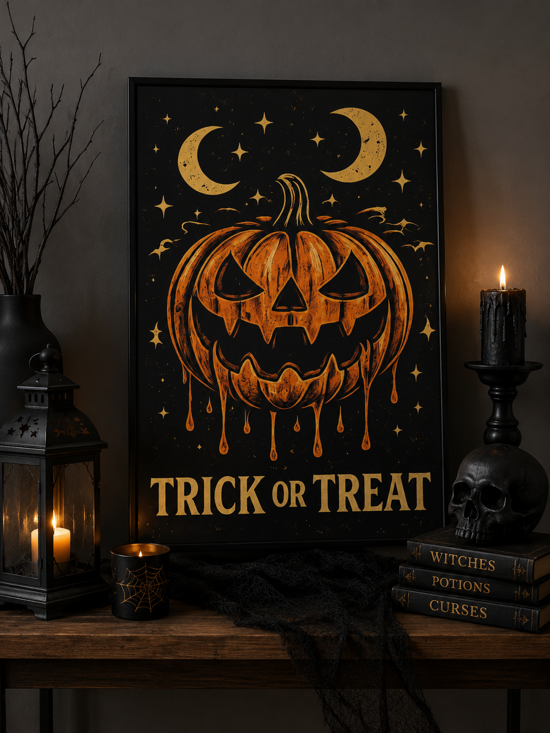 Halloween Trick or Treat Poster — Spooky Dripping Jack-o'-Lantern Matte Print