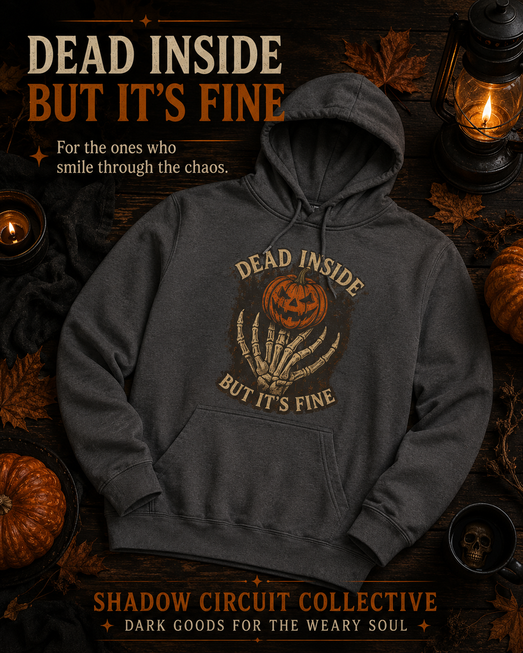 Hoodie — 'Dead Inside But It's Fine' Pumpkin Patch Goth Pullover
