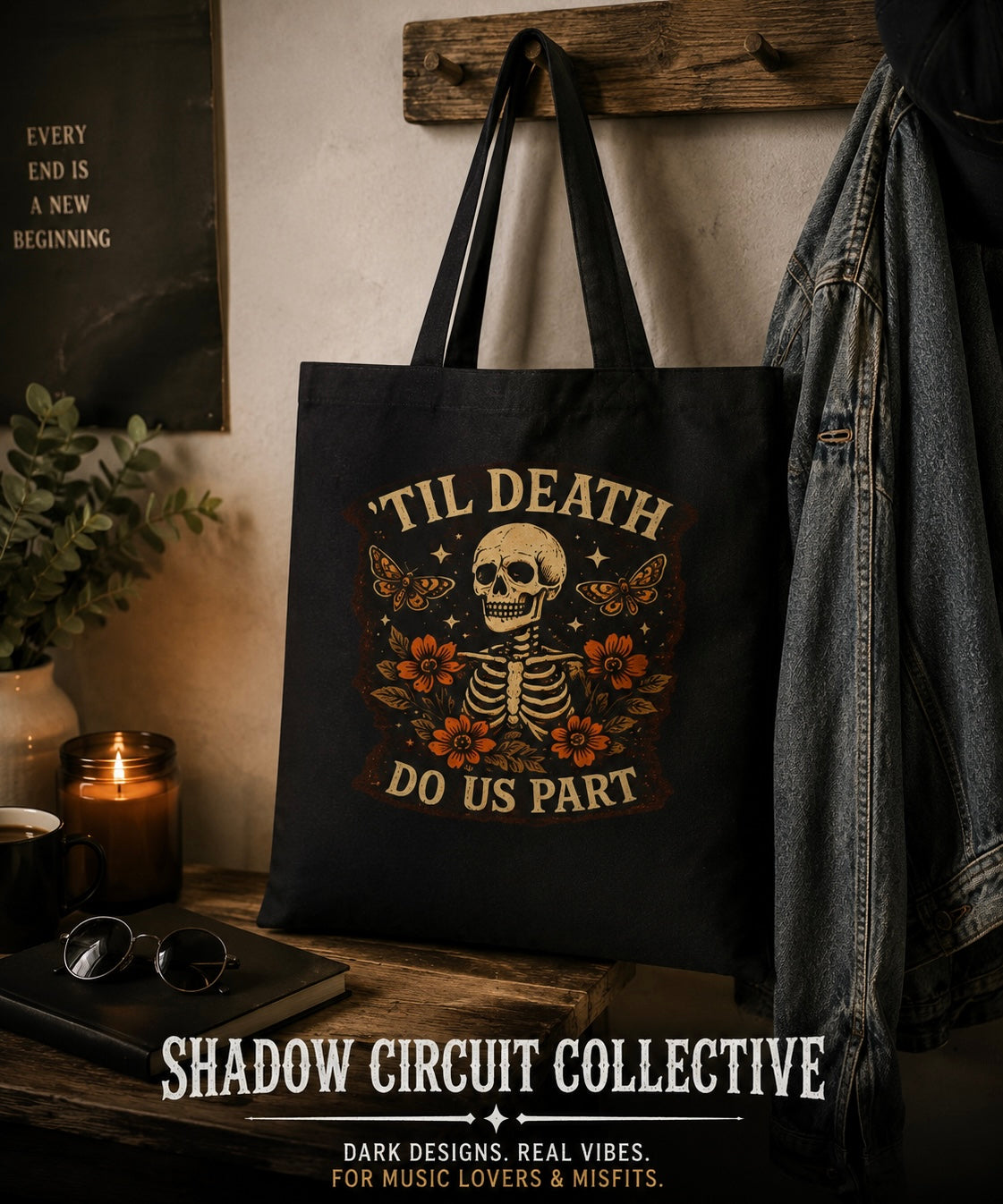 Tote Bag — 'Til Death Do Us Part' Skeleton Floral Cotton Canvas Tote
