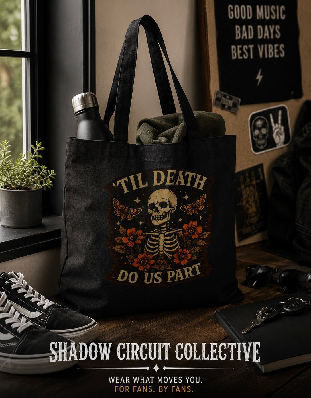 Tote Bag — 'Til Death Do Us Part' Skeleton Floral Cotton Canvas Tote