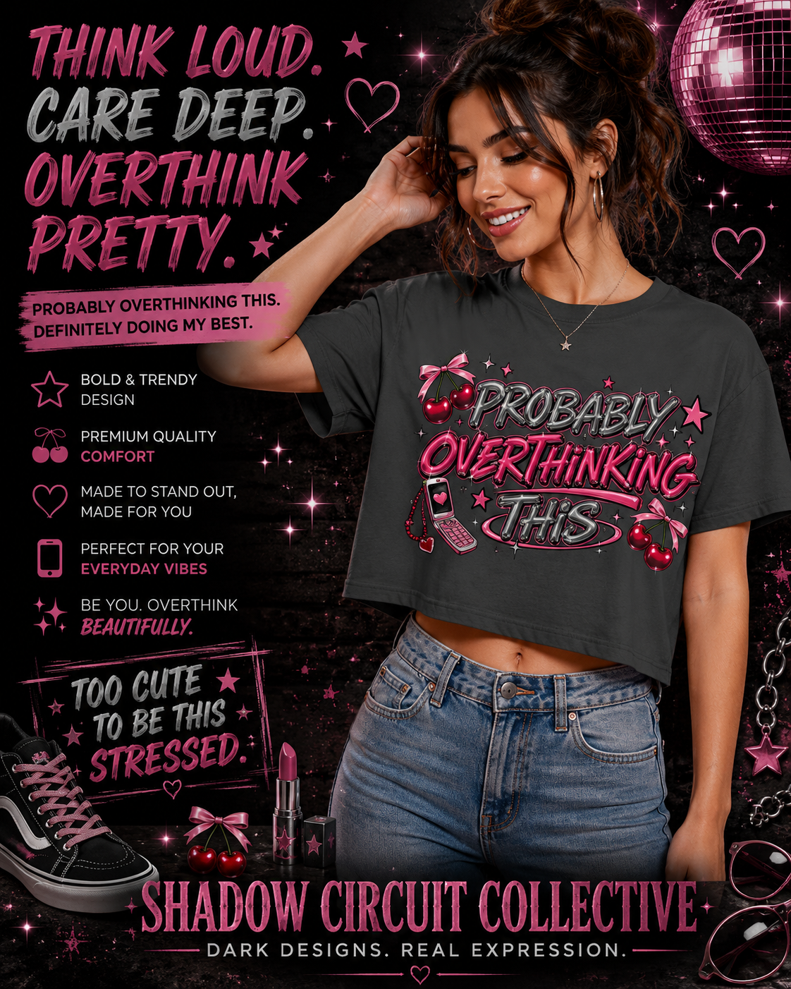 Probably Overthinking This Crop Tee | Pink Graphic Cherry Design