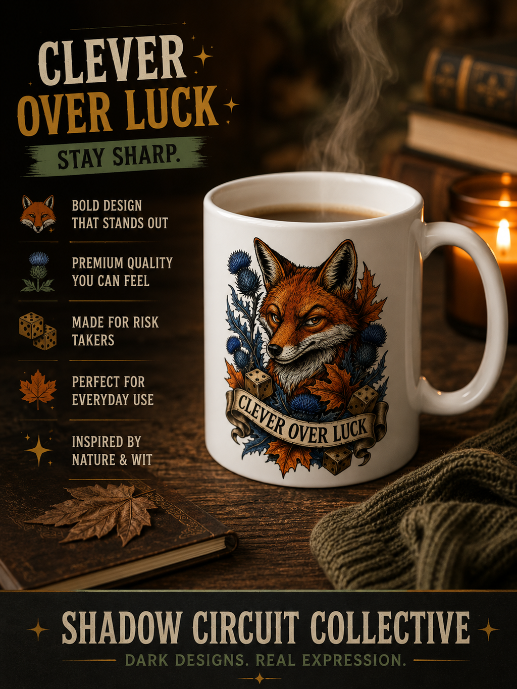 Clever Over Luck fox illustration Mug | Autumn leaves, thistle, woodcock