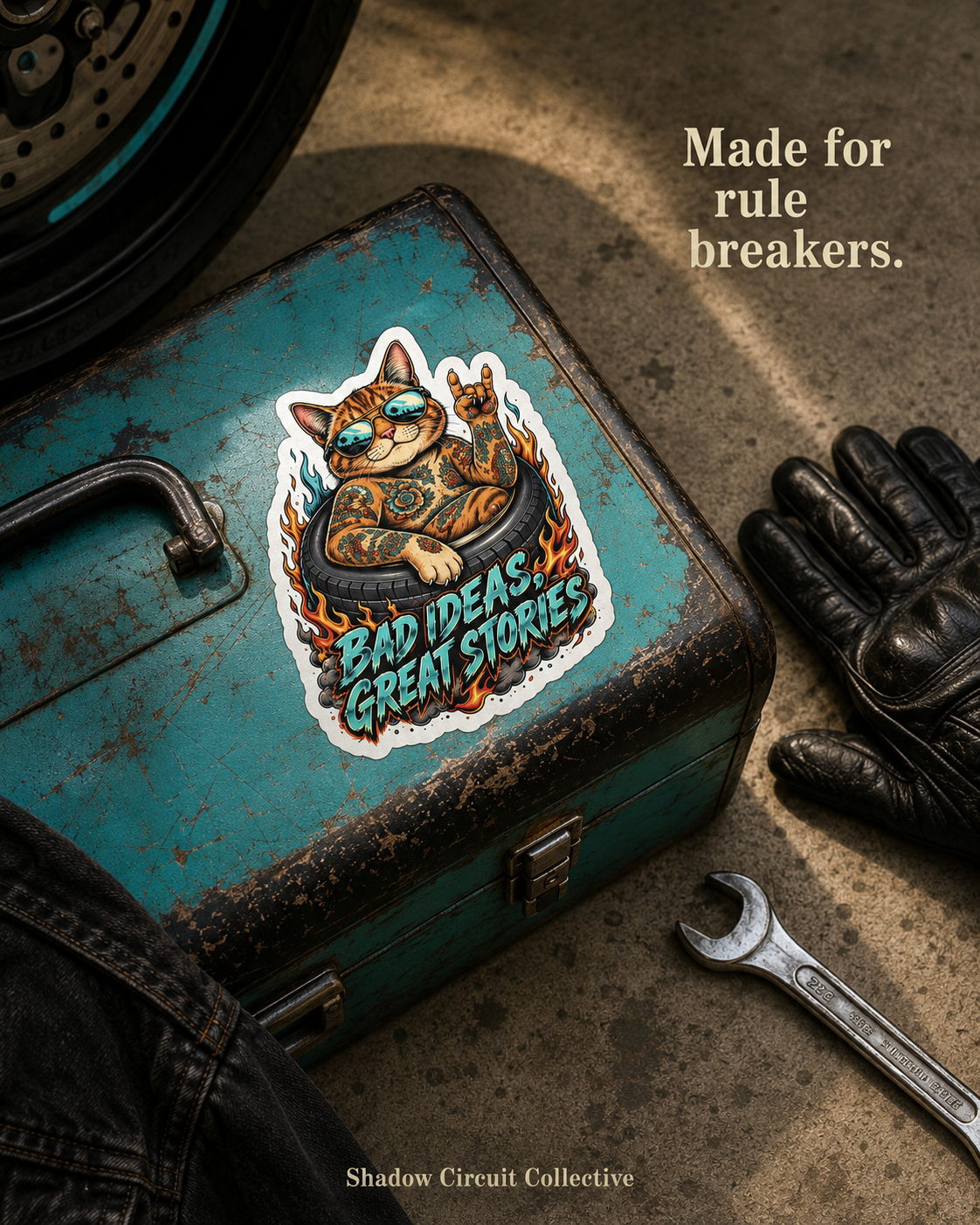 Tattooed Cat in Tire Die-Cut Sticker | 'Bad Ideas, Great Stories'